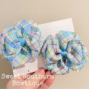 Blue Mint Orange Plaid Pinwheel Hair Bow Pair Set